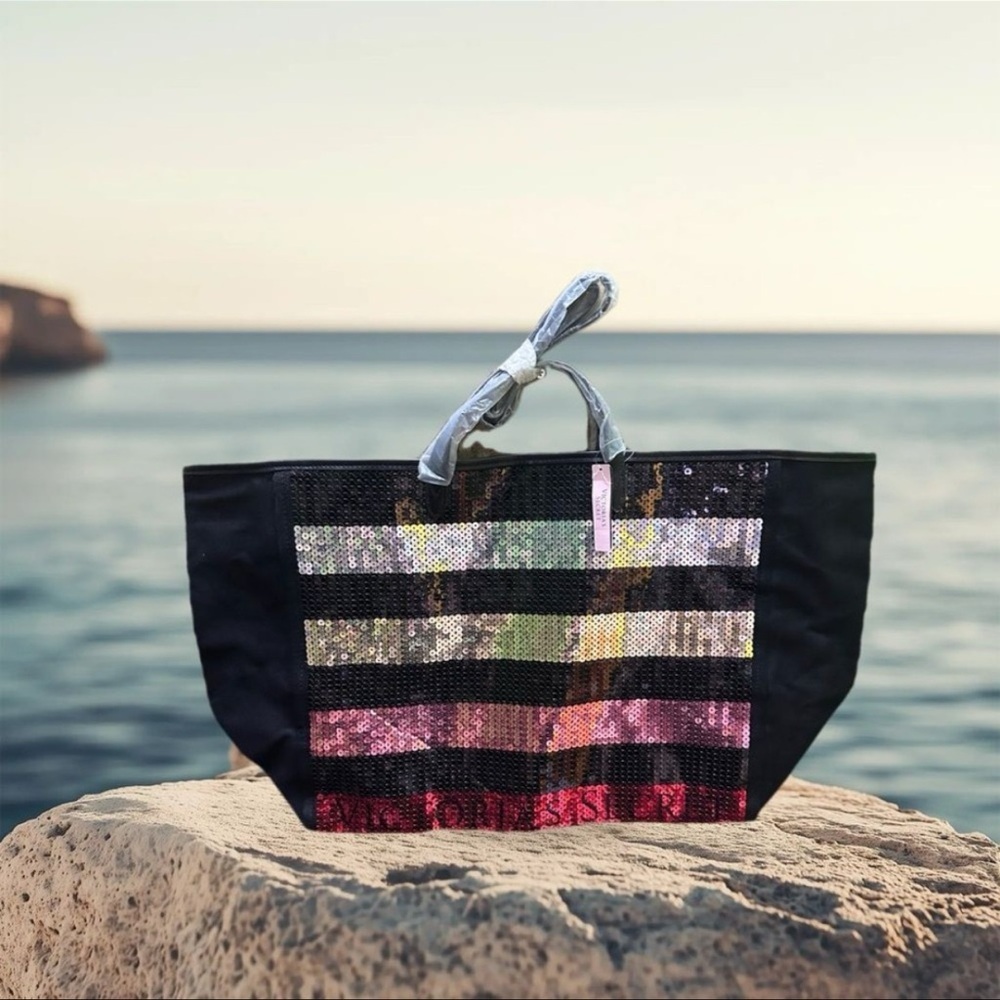 Victorias Secret Elegant Black Tote Bag with Sequin Stripes